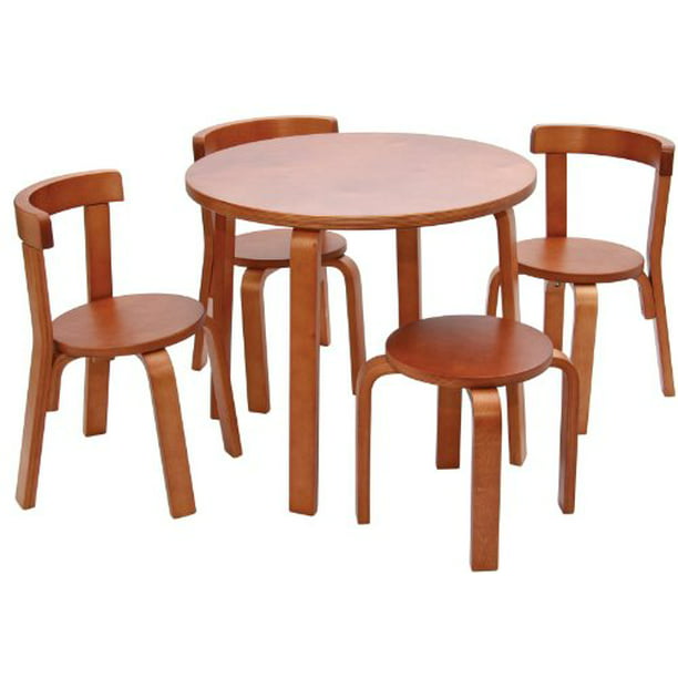 Kids Table and Chair Set 100% Wood Svan Play with Me Toddler Table Set with 3 Chairs and Adult Stool Cherry 